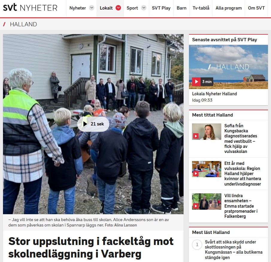 SVT: Stor uppslutning i fackeltåg mot skolnedläggning i Varberg